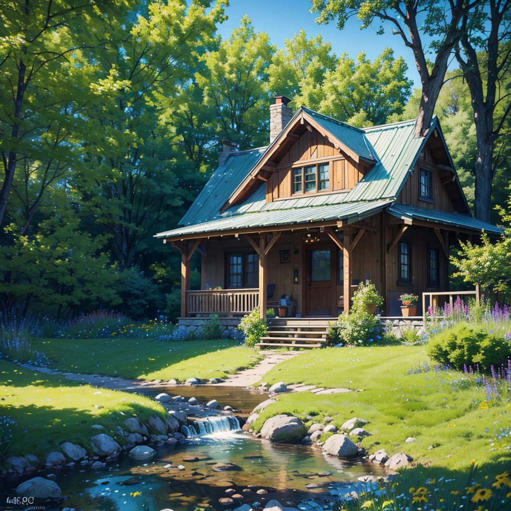 A small, picturesque cottage in a meadow of vibrant wildflowers, with rolling hills and lush green grass all around. A babbling brook flows under a quaint wooden bridge, with sunbeams shining through the trees. Birds fly overhead, adding to the warm and inviting atmosphere. (best quality, 4k, 8k, highres, masterpiece:1.2), ultra-detailed, (realistic, photorealistic, photo-realistic:1.37), landscape, natural lighting, vibrant colors, serene.