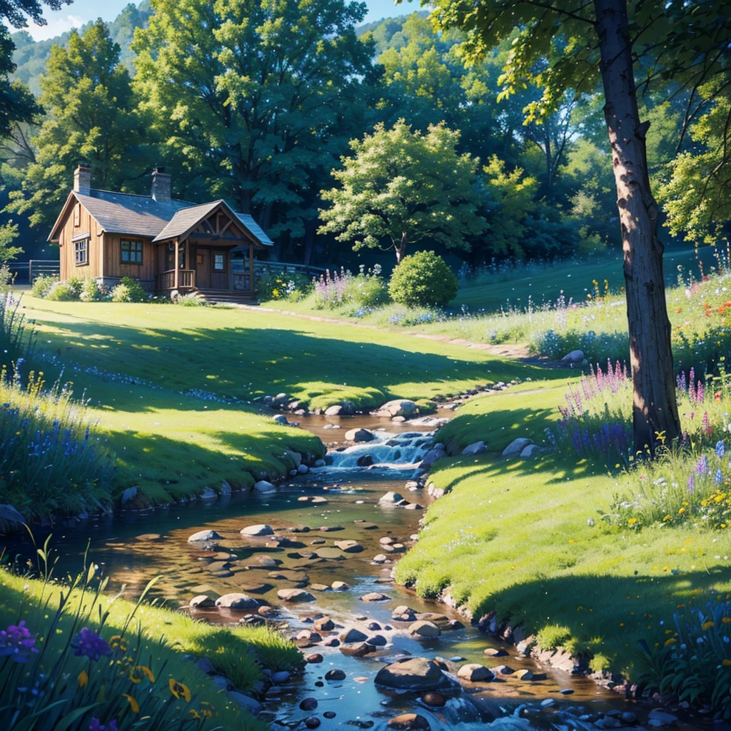 A small, picturesque cottage in a meadow of vibrant wildflowers, with rolling hills and lush green grass all around. A babbling brook flows under a quaint wooden bridge, with sunbeams shining through the trees. Birds fly overhead, adding to the warm and inviting atmosphere. (best quality, 4k, 8k, highres, masterpiece:1.2), ultra-detailed, (realistic, photorealistic, photo-realistic:1.37), landscape, natural lighting, vibrant colors, serene.