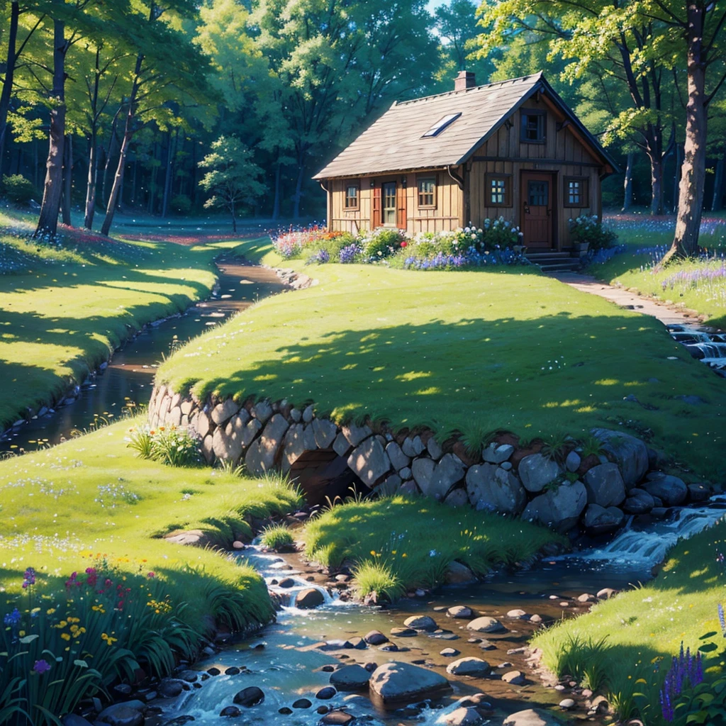 A small, picturesque cottage in a meadow of vibrant wildflowers, with rolling hills and lush green grass all around. A babbling brook flows under a quaint wooden bridge, with sunbeams shining through the trees. Birds fly overhead, adding to the warm and inviting atmosphere. (best quality, 4k, 8k, highres, masterpiece:1.2), ultra-detailed, (realistic, photorealistic, photo-realistic:1.37), landscape, natural lighting, vibrant colors, serene.