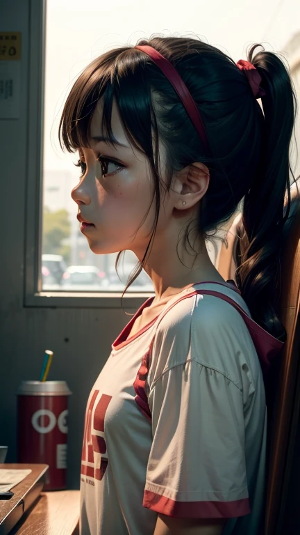 movie movie still，1girl in、it&#39;s found、14yearsold、pale-skin、innocent smiles、(A detailed face)、(detailed skin)、humid，The details are complex、shallow depth of field、[Fog volume]、cinematography lighting、Reflectors、a Canon EOS R5、50mm lens / 2.8、shot at 8k resolution、foreground，inside the room，desks，greenery