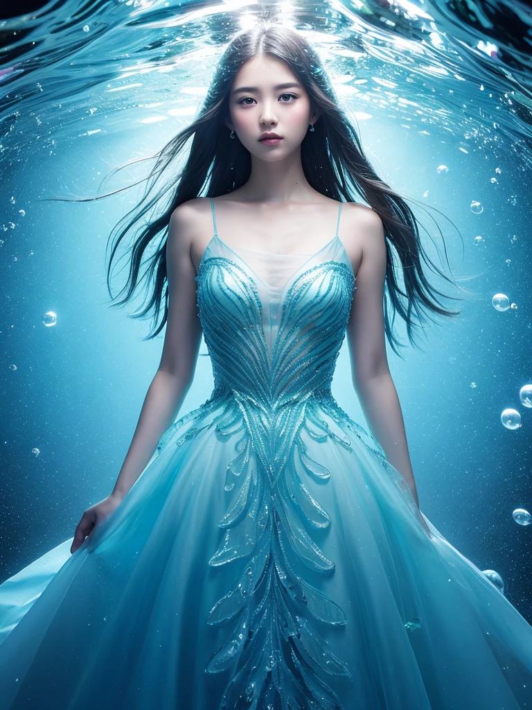 Young woman wearing a dress entirely made of transparent flowing water. Fluid, cascading gown with dynamic water movement. creating a mesmerizing blend of flowing liquid and delicate bubble structures. Shimmering, iridescent water surface with rainbow reflections on bubble areas. Water drops of various sizes forming the dress's texture. High-detail photography, fantasy concept art style. Simple plain light blue background.