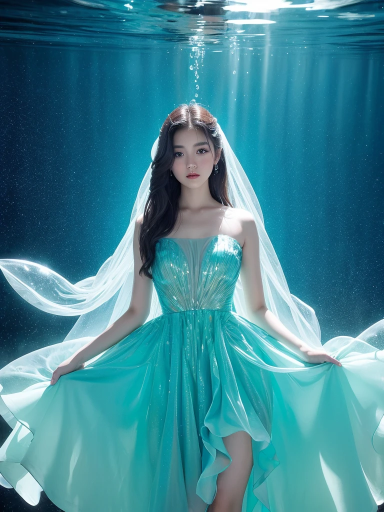 Young woman wearing a dress entirely made of transparent flowing water. Fluid, cascading gown with dynamic water movement. creating a mesmerizing blend of flowing liquid and delicate bubble structures. Dynamic poses, dancing, Shimmering, iridescent water surface with rainbow reflections on bubble areas. Water drops of various sizes forming the dress's texture. High-detail photography, fantasy concept art style. Simple plain light blue background. Flowing water in space.