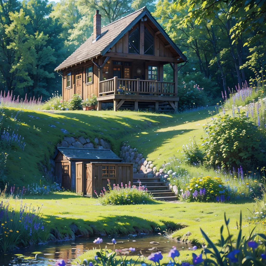 A charming cottage surrounded by a lush meadow, wildflowers in full bloom, with rolling hills in the background. A gentle brook babbles under a wooden bridge, with sunlight filtering through the trees. Birds fly overhead, completing the tranquil and inviting scene. (best quality, 4k, 8k, highres, masterpiece:1.2), ultra-detailed, (realistic, photorealistic, photo-realistic:1.37), landscape, natural lighting, vibrant colors, serene.