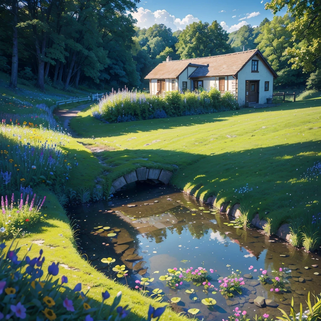 A charming cottage surrounded by a lush meadow, wildflowers in full bloom, with rolling hills in the background. A gentle brook babbles under a wooden bridge, with sunlight filtering through the trees. Birds fly overhead, completing the tranquil and inviting scene. (best quality, 4k, 8k, highres, masterpiece:1.2), ultra-detailed, (realistic, photorealistic, photo-realistic:1.37), landscape, natural lighting, vibrant colors, serene.
