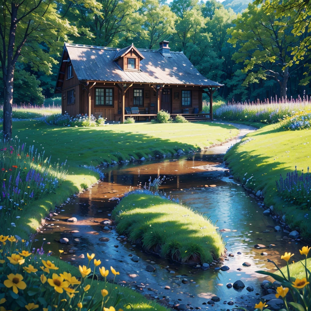 A charming cottage surrounded by a lush meadow, wildflowers in full bloom, with rolling hills in the background. A gentle brook babbles under a wooden bridge, with sunlight filtering through the trees. Birds fly overhead, completing the tranquil and inviting scene. (best quality, 4k, 8k, highres, masterpiece:1.2), ultra-detailed, (realistic, photorealistic, photo-realistic:1.37), landscape, natural lighting, vibrant colors, serene.