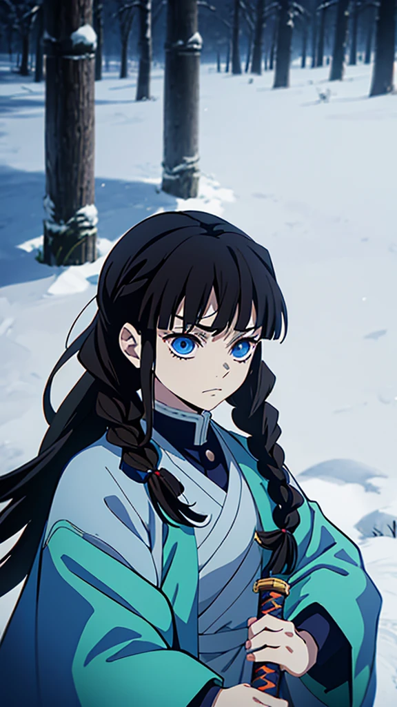 Kimetsu no Yaiba style, 1 mature, girl, blue eyes, a hashira, pretty, long dark brown hair in braids, curtain bangs, annoyed expression, noble, Pillar Demon Slayer, holding a sword, wearing demon slayer uniform, holding a blue demon slayer sword, dark and snowy background