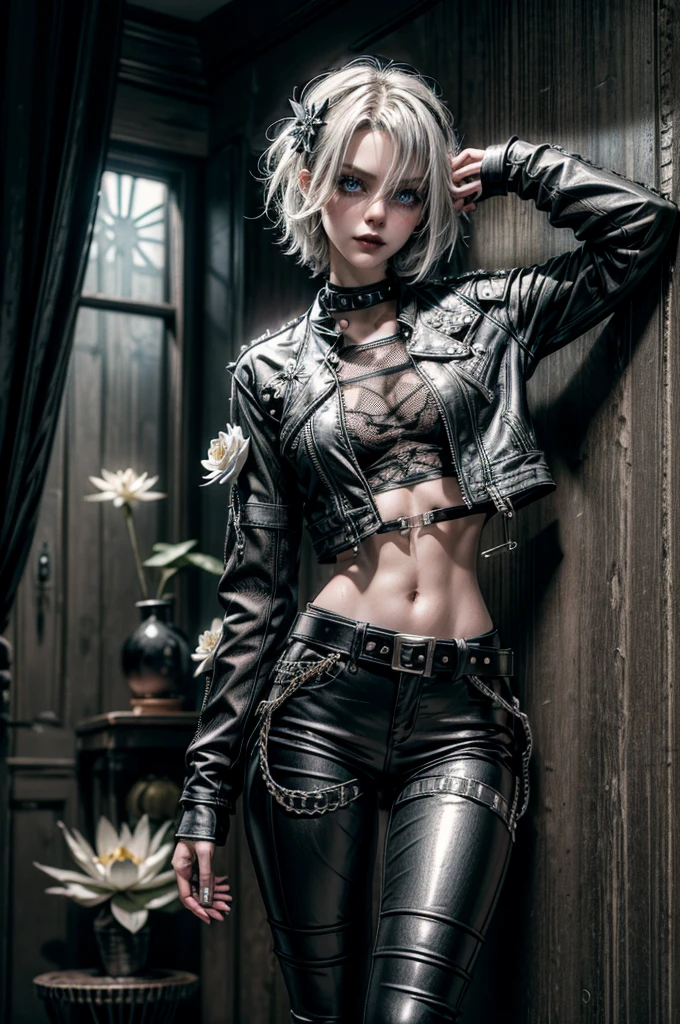 (Detailed illustrations, Very detailed and detailed drawing, Delicate lines with slow and rapid, Realistic texture expression), One woman with very short black hair , ( emo hairstyle, ), goth, pale white skin, evil smirk, (girls bedroom background), dark lighting, cold atmosphere, lore_Emma , blue eyes , dark eyeliner, (ultra dark glossy black lipstick), bored expression, gorgeous face , super cute, 18 years old , hyper detailed face, (super skinny figure , small breast, thin waist), back leaning against wall, one raised arm behind head, slim legs, slim hips, LowriseXL, (ultra low rise wet look shiny leather pants with transparent flower pattern), (mesh shirt with flower pattern), black choker, vulva tattoo, (white lotus flower in hair), ((flower pattern tattoo)), fingerless leather gloves, (black nail polish), faded tattoo's, ((thigh belt)), ((hip chains)), ((belt hanging on hip)), ((many studded belts)), ((black leather jacket with white fur trim))