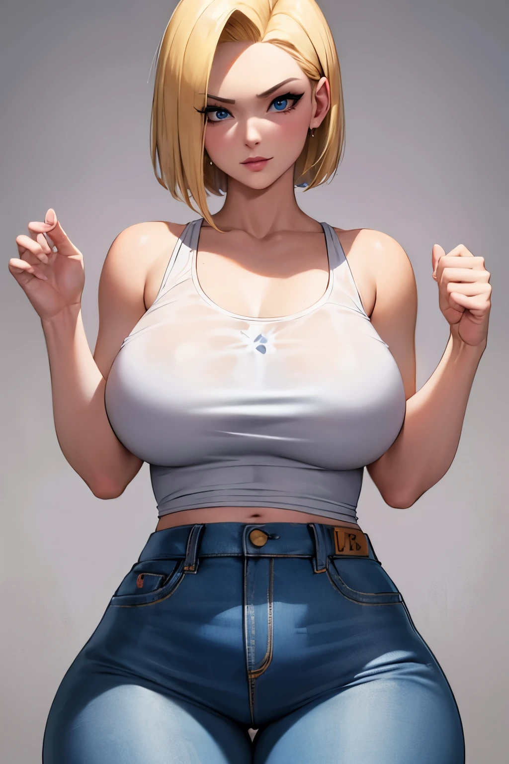 Android 18 wearing a white tank top (incredibly detailed, beautiful face, pink lips, piece of art) tight jeans. She has blonde hair and blue eyes. thick thights, slim thick,