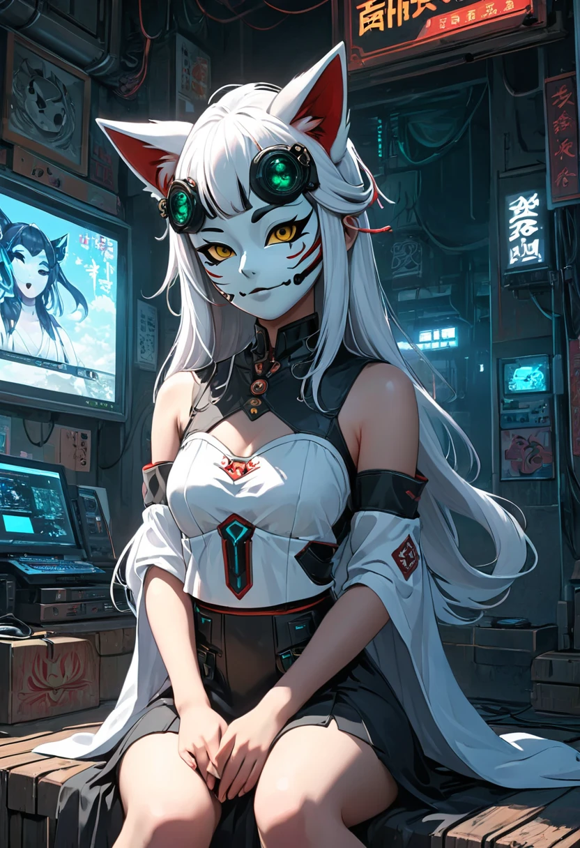 Capturing the essence of futurism,, shadow over face, And the flashing lights of electronic devices. The art is very realistic,Cyberpunk面具，1 Girl, Shrine maiden，Fox Mechanical Mask，Cyberpunk, Cyberpunk面具，Precision mechanics， summer，Shrine maiden服， Big Perspective，Overlooking，Sitting and looking up at the camera，Close shot，Focus on the characters，精致的design感，Simplicity，design，Black and White，No background，Simplicity的空白背景

