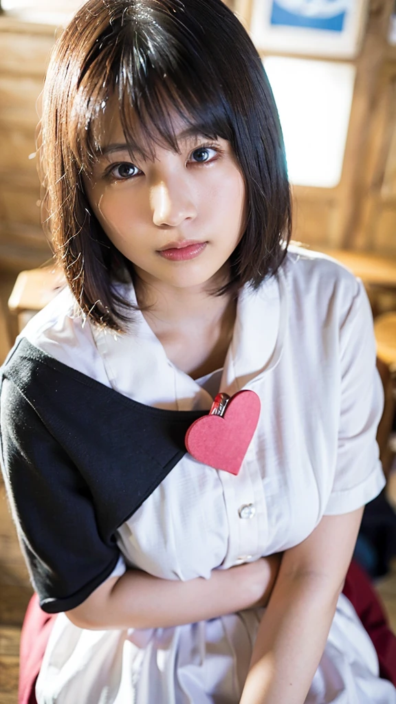a woman in a white blouse holding a golf club, japanese  uniform, cute , realistic young gravure idol, young and cute gravure idol, high school girl posing, surreal, young and skinny gravure idol, girl wearing short-sleeved blouse, japanese model, sheer white blouse, (best quality,4k,8k,highres,masterpiece:1.2),ultra-detailed,(realistic,photorealistic,photo-realistic:1.37),HDR,UHD,studio lighting,ultra-fine painting,sharp focus,physically-based rendering,extreme detail description,professional,vivid colors,bokeh,portraits