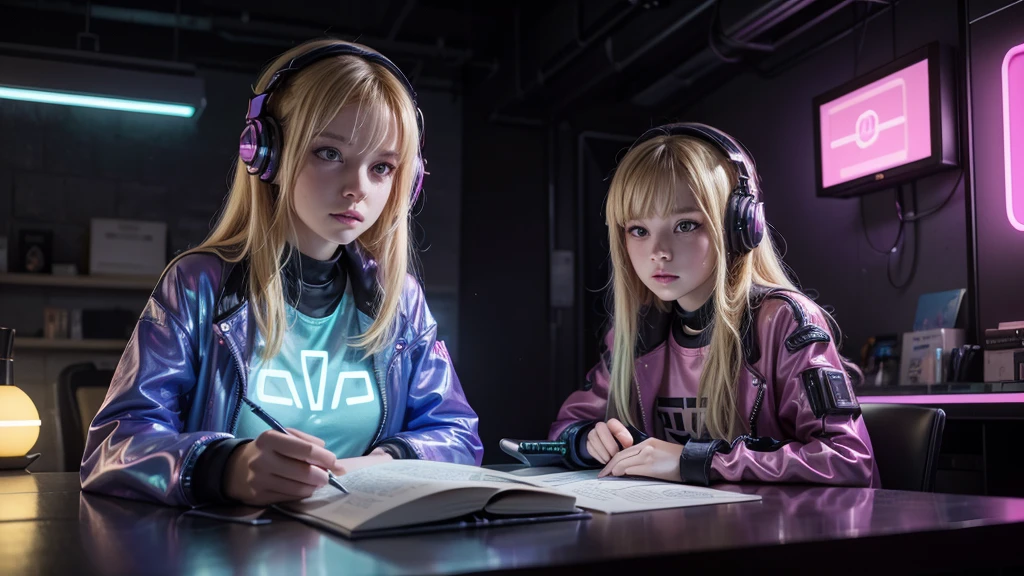 3 girls Russian children with 10 years old, WITH LONG STRAIGHT HAIR blonde, PORTRAIT STYLE, in cyberpunk, Daniel Radcliffe, fan art, DJ Rave headphones, high quality wallpaper, high quality desktop wallpaper, profile picture 1024px, high quality fanart, with headphones, with headphones, it has headphones, desktop background, HQ Artwork, Jared Aura and wires, amazing wallpaper