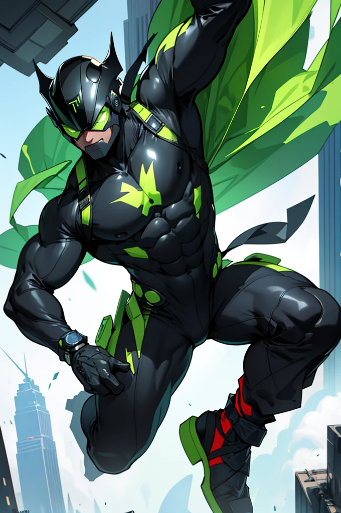 "Create a superhero character named Ultra-Sapo. He is a billionaire playboy who, after a serendipitous mutation, adopts the identity of Ultra-Sapo to protect his city. His costume is a sleek, green and black suit with a frog emblem on the chest. The suit includes a helmet with frog-like eyes and a glowing visor, enhancing his heroic appearance. His gloves and boots are reinforced for agility and strength, featuring built-in mechanisms for grappling and high jumps."