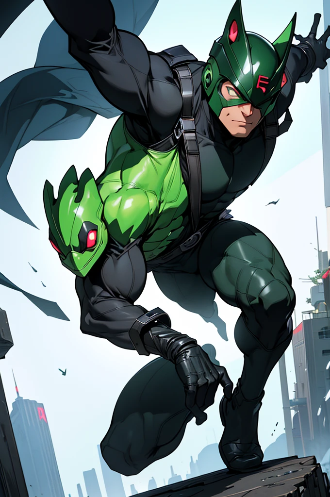 "Create a superhero character named Ultra-Sapo. He is a billionaire playboy who, after a serendipitous mutation, adopts the identity of Ultra-Sapo to protect his city. His costume is a sleek, green and black suit with a frog emblem on the chest. The suit includes a helmet with frog-like eyes and a glowing visor, enhancing his heroic appearance. His gloves and boots are reinforced for agility and strength, featuring built-in mechanisms for grappling and high jumps."