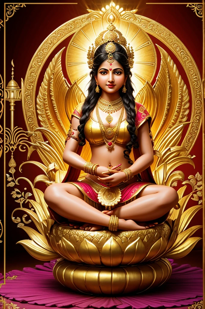 Goddess Uma Devi has piercing black eyes and wears a pink dress. She sitting on a red rose throne Surrounded by heavenly flower gardens and holding Lord Ganesha in a loving embrace. She has 4 hands on each side, 5 fingers on each side. one hand holding gold One hand holds a large lotus flower. One hand holds a trident, one hand holds a khan.