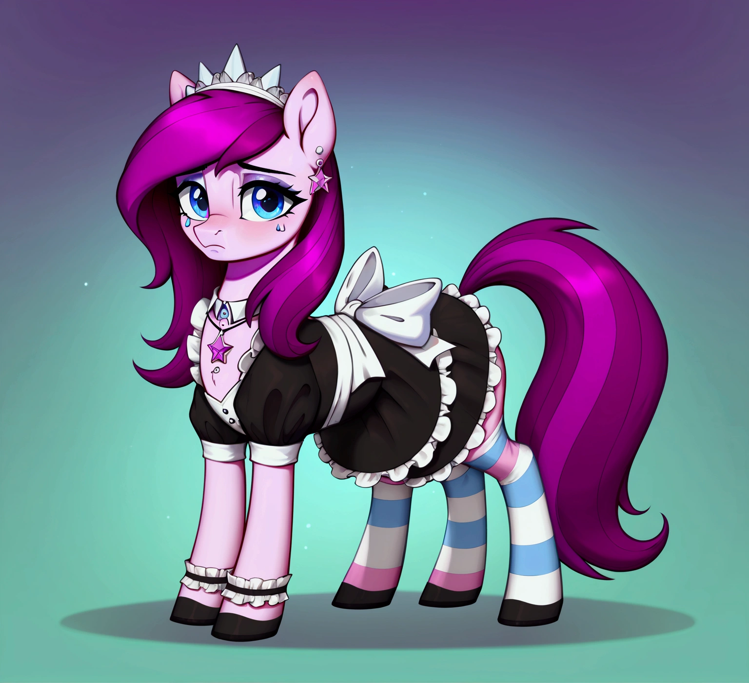 score_9,score_8_up,score_7_up,score_6_up, ((my little pony)), radiant lighting, vibrant colors, whimsical atmosphere, 8K, high resolution, highly detailed, masterpiece, (shy look), ((pony body)), white body, magenta hair, blue eyes, (maid costume), striped stockings, star pendant, earrings, eyeshadow