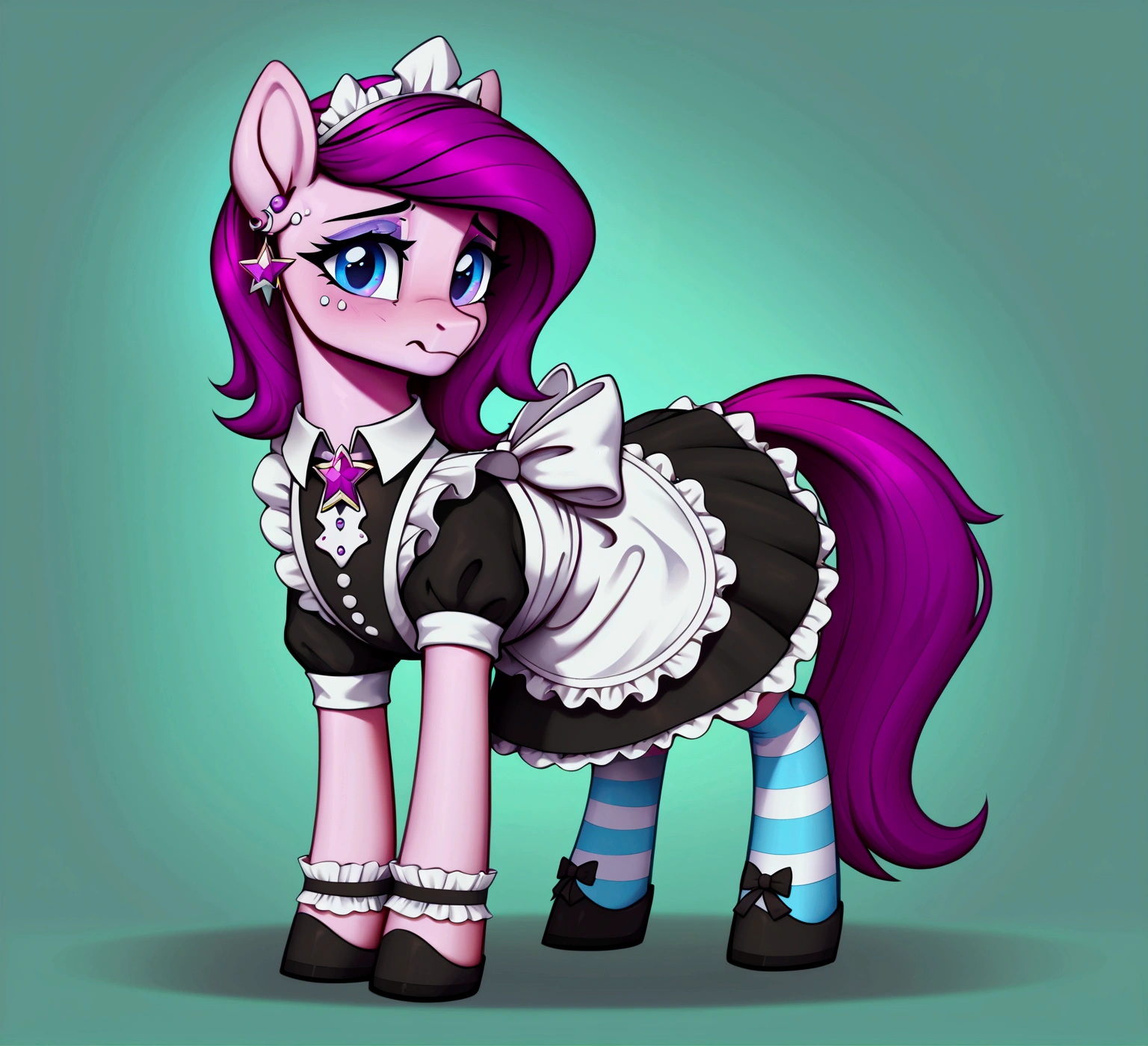 score_9,score_8_up,score_7_up,score_6_up, ((my little pony)), radiant lighting, vibrant colors, whimsical atmosphere, 8K, high resolution, highly detailed, masterpiece, (shy look), ((pony body)), white body, magenta hair, blue eyes, (maid costume), striped stockings, star pendant, earrings, eyeshadow
