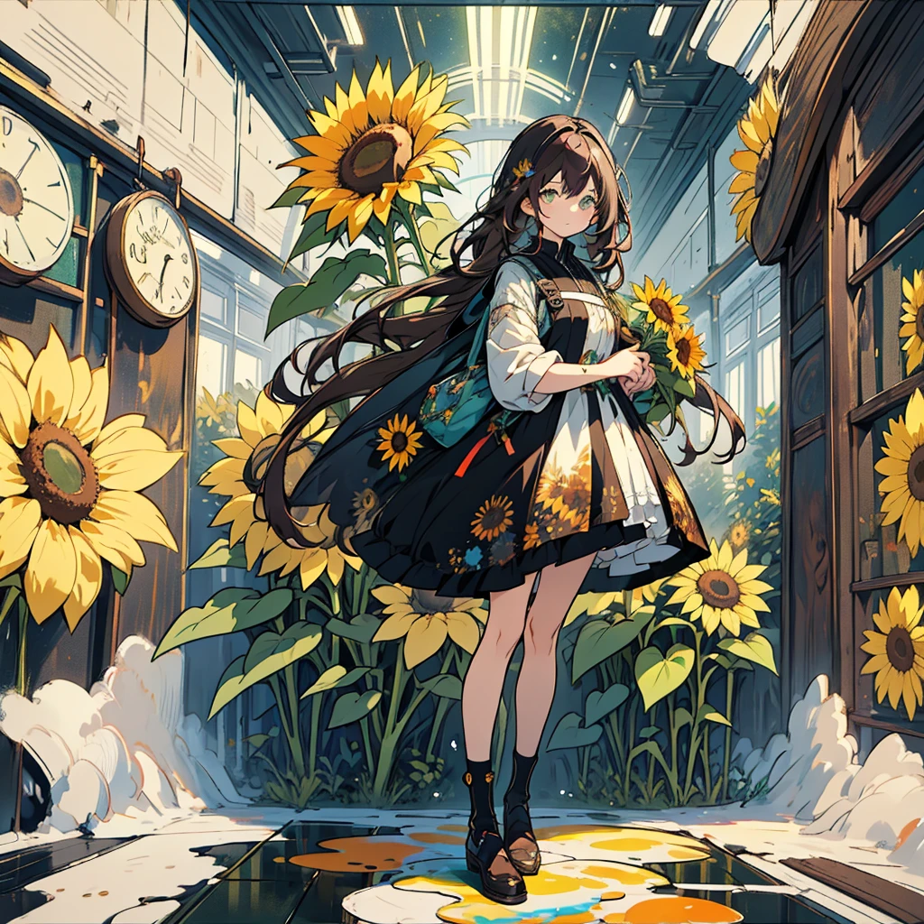 kawaii, anime, Cute, hyper quality, highly detailed, 16k, Front facing, Clarity, full body, one girl, stain the whole thing with colorful ink, brown long hair, green eyes, paint color, countless sunflowers, surrounded by sunflowers, Trapped inside a Van Gogh painting, ephemeral, paint, paint, brush, live inside the canvas, art supplies, oil, wonder, mysterious, rainbow colored sunflowers, Richly colored, Brightly colored sunflowers, highlight on eyes, long hair, splattered ink, scribble, countless handwritings, color palette, dark brown hair, long hair flowing, Draw eyes clearly, art, taken in by sunflowers,