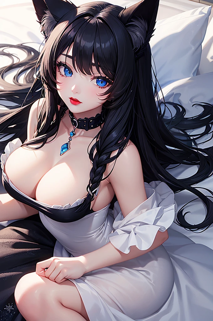 Detailed facial details，，1 girl，Red lips，Cat ear，Black long hair，Large Breasts，Slim，Wearing a snow-white wedding dress，Charming blue eyes，Handcuffs，Collar，Radiant Skin，seaside，Sleeping in bed