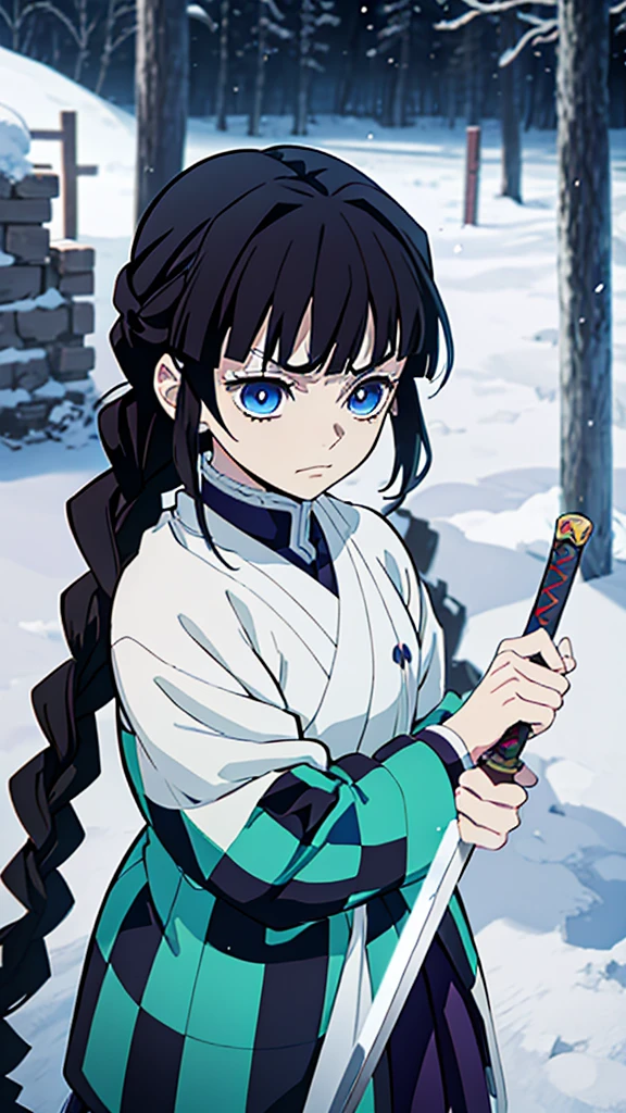 Kimetsu no Yaiba style, 1 mature, girl, blue eyes, a hashira, pretty, long dark brown hair in braids, curtain bangs, annoyed expression, noble, Pillar Demon Slayer, holding a sword, wearing demon slayer uniform, holding a blue demon slayer sword, dark and snowy background