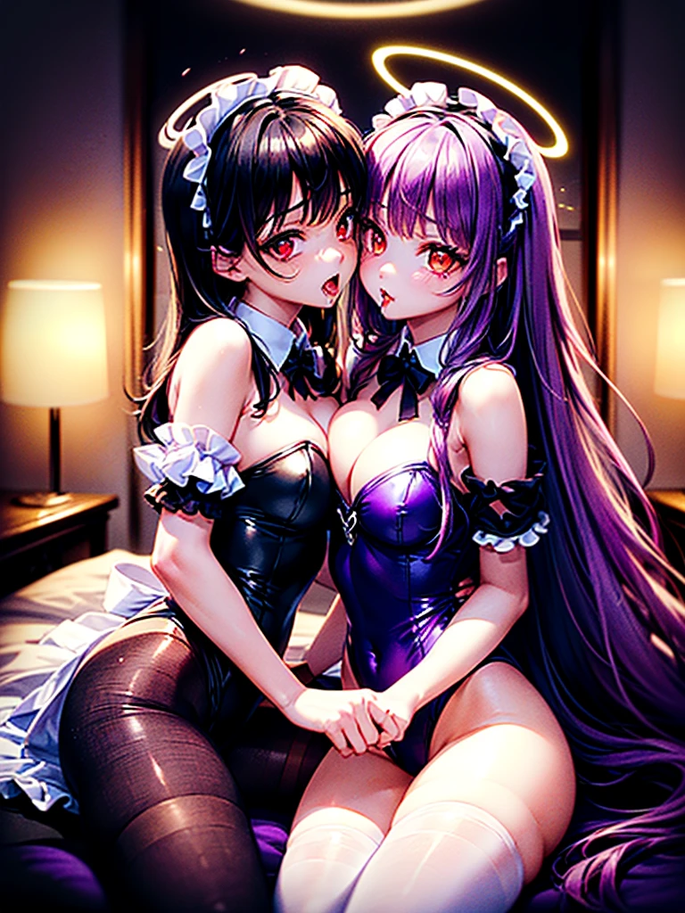 Highest quality,Highest Resolution,(((A beautiful black-haired girl with beautiful white eyes in a maid leotard)))and(((A beautiful purple-haired girl with beautiful red eyes wearing a gothic ta leotard)))are having sex in the sitting position,kiss,saliva,(((Halo))),Tears,