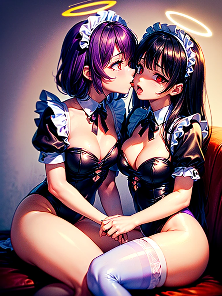Highest quality,Highest Resolution,(((A beautiful black-haired girl with beautiful white eyes in a maid leotard)))and(((A beautiful purple-haired girl with beautiful red eyes wearing a gothic ta leotard)))are having sex in the sitting position,kiss,saliva,(((Halo))),Tears,