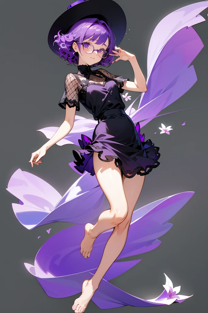 one girl, short very curly purple hair with dark purple strand, glasses, two-piece black and white color lace flower theme simple swim outfit, simple detaled, lovable, no background, dynamic cute pose,, full body ,detaled feet,short blouse with fishnet, flowers,art, long airy skirt, summer hat, 