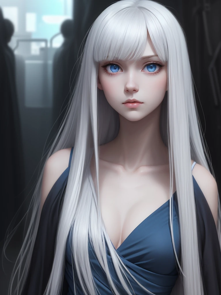 (best quality), 1girl, female, pale skin, white hair, long hair, swept bangs, straight hair, blue eyes, perfect eyes, slender, flat chest, shy, blue dress, masterpiece, anatomically correct, highres