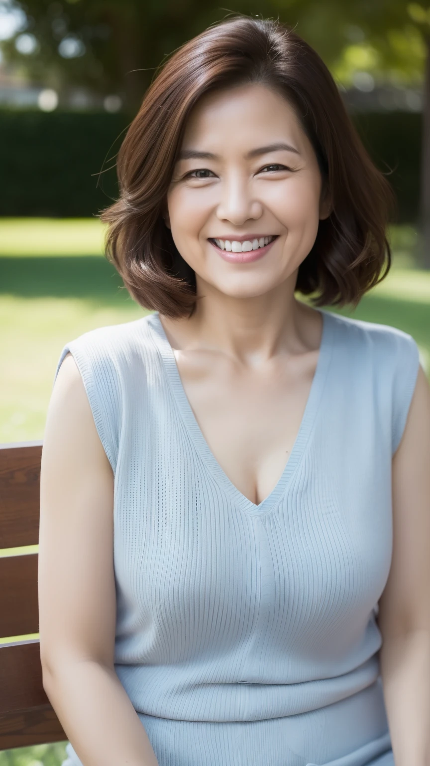 最high quality, In 8K, Masseter region, Genuine, Sharp focus, high quality, High resolution, Detailed face, fine grain, Thick lips, Background Blur, alone, Middle-aged women, , 65 years old, , Wavy Hair, Cleavage, Wearing a plain short-sleeved knit, sitting on a park bench, Wrinkles around the eyes, Smiling with teeth showing