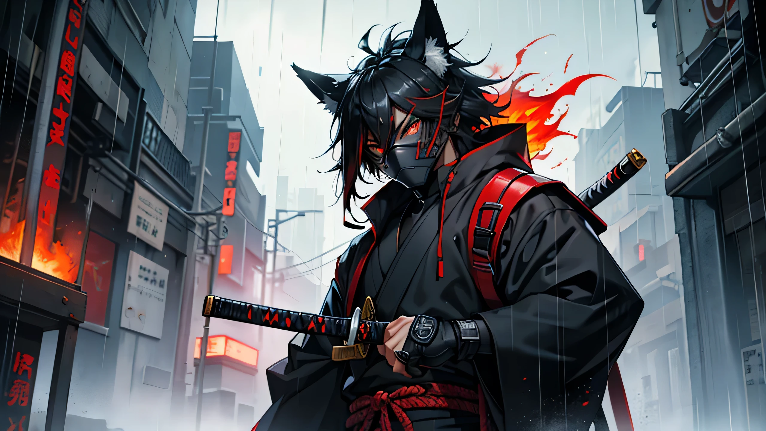 create black cyber samurai with red fire eye, fox mask and katana in the middle of rain