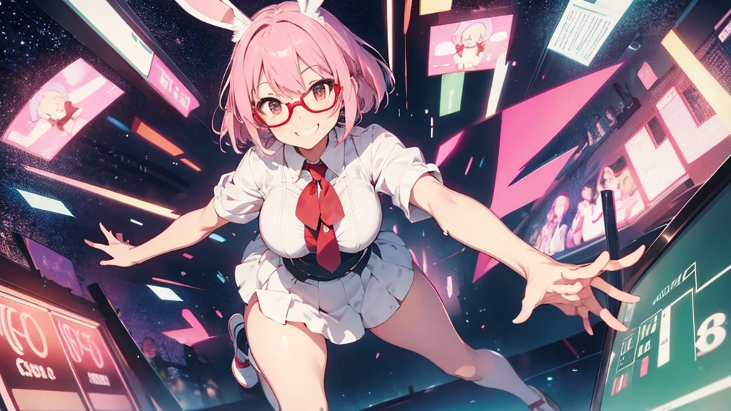 solo,whole body,Standing position right,Light pink hair,Bob Hair,Red Glasses,Bunny girl,casino,smile,Big Breasts,cute,High leg