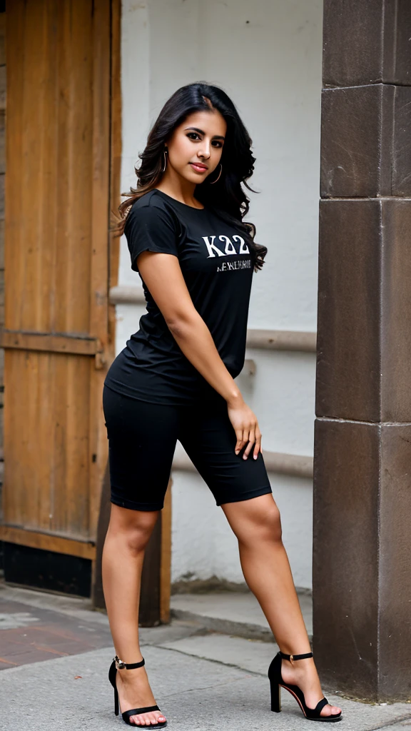 Latina woman 25 years old ,stable model  ,with black t-shirt with the letters "K2"  , falda corta, high heels 