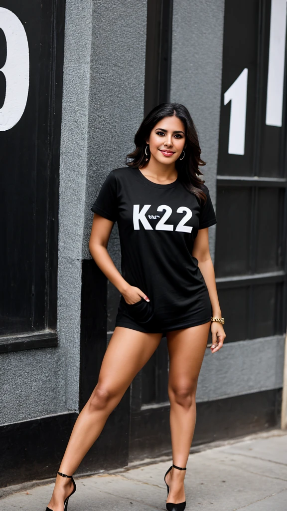 Latina woman 25 years old ,stable model ,with black t-shirt with the letters "K2" , falda corta, high heels