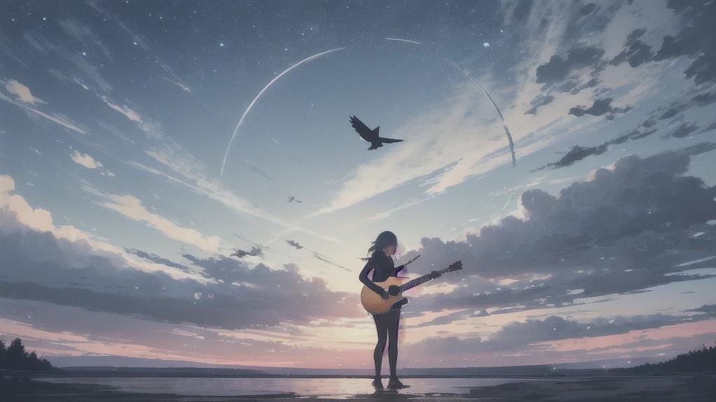 Acoustic guitar,Pitch black night sky,Octane, Star (zero), scenery, Blue parakeet,The acoustic guitar is placed in front of the body.,Star, night, Back view, Outdoor, city,river,Blue parakeet,building, cloud, Heavenly River,silhouette