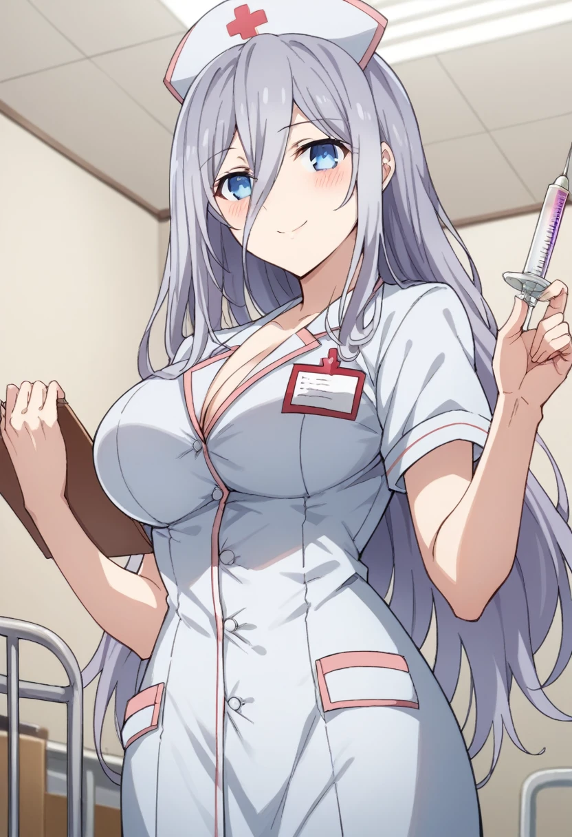 Score_9, Score_8_up, source_anime BREAK alone, looking at viewer, anime coloring, cowboy photo, Reinamurasame, queen murasame, long hair, blue eyes, gray hair , hair between eyes, big breasts, sides,
hat, nurse cap, nurse,
Indoors, hospital, syringe, clipboard, smile, blush,
dutch angle, cowboy shot, looking at viewer, alone
