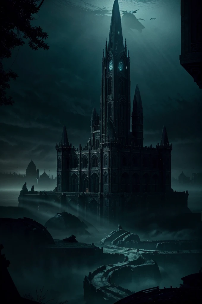 a dark and eerie looking underwater scene with a large building, a matte painting by Harry Haenigsen, pinterest, gothic art, underwater temple, dark city ruins, dark fantasy setting, undersea temple, underwater city, an underwater city, beautiful and mysterious, dark fantasy world, dark fantasy environment, dark fantasy atmosphere, dark ruins landscape, magical environment, beautiful with eerie vibes. Screamed.