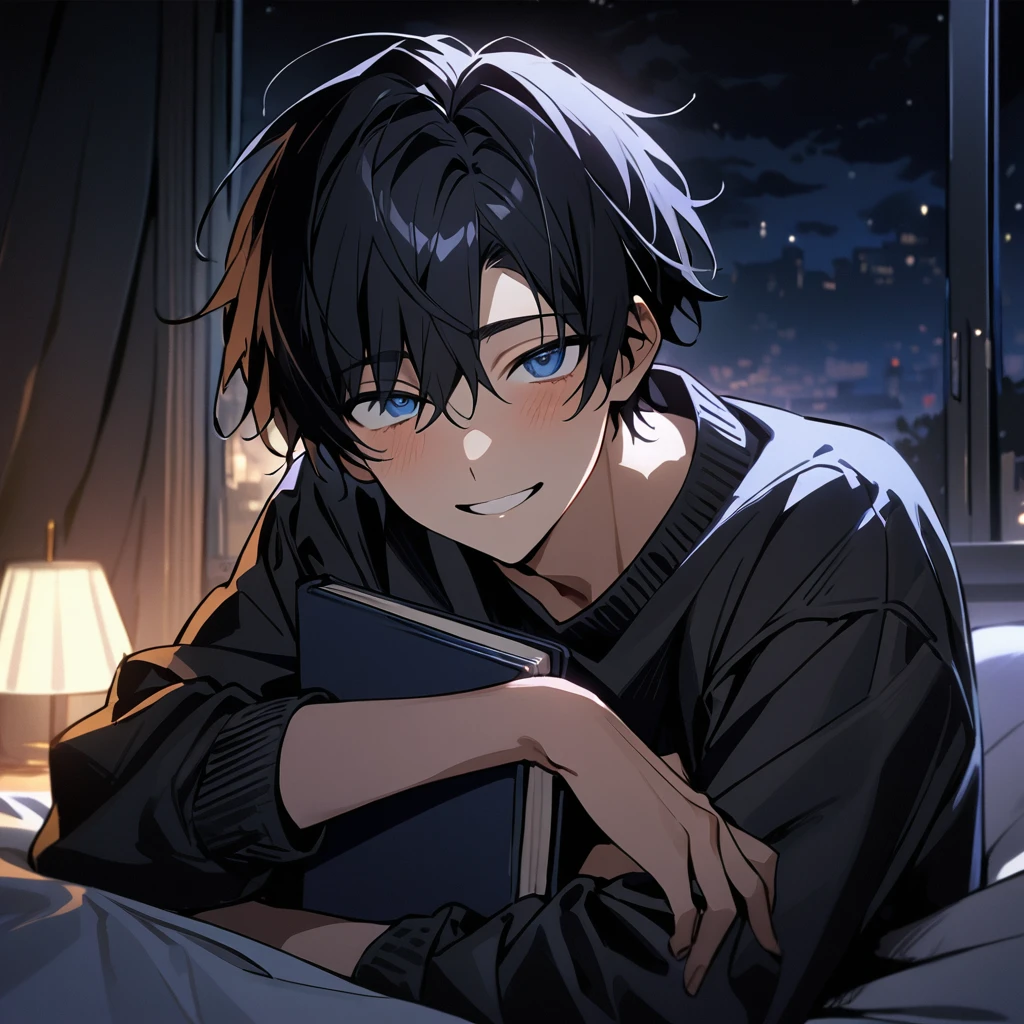 1boy, zoom out, male focus, highschool boy, beautiful boy, messy short black hair, small blue droopy eyes, he has fair skin, he is wearing a pullover, he is smiling, he is looking at viewer, he is sitting on a bed, at night, the moon is shining, he is holding a book with dark blue cover, masterpiece, cinematic, detailed