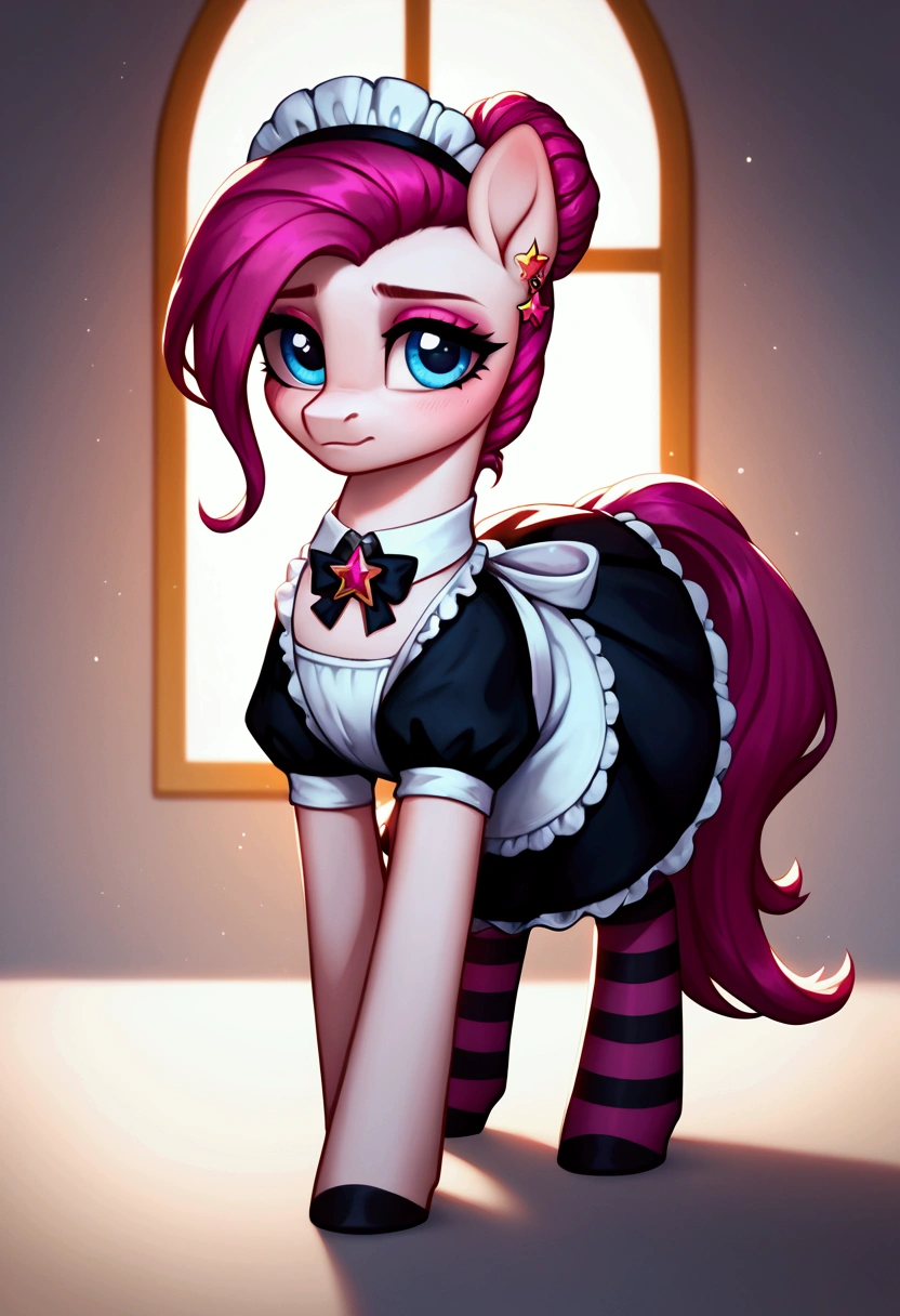 score_9,score_8_up,score_7_up,score_6_up, ((my little pony)), radiant lighting, vibrant colors, whimsical atmosphere, 8K, high resolution, highly detailed, masterpiece, (shy look), ((pony body)), white body, magenta hair, blue eyes, (maid costume), striped stockings, star pendant, earrings, eyeshadow 