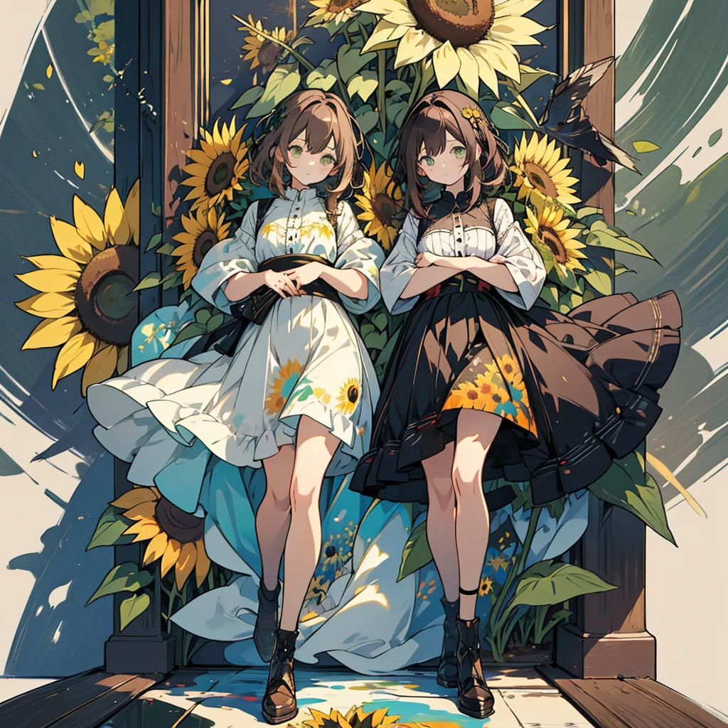 kawaii, anime, Cute, hyper quality, highly detailed, 16k, Front facing, Clarity, full body, one girl, stain the whole thing with colorful ink, brown long hair, green eyes, paint color, countless sunflowers, surrounded by sunflowers, Trapped inside a Van Gogh painting, ephemeral, paint, paint, brush, live inside the canvas, art supplies, oil, wonder, mysterious, rainbow colored sunflowers, Richly colored, Brightly colored sunflowers, highlight on eyes, long hair, splattered ink, scribble, countless handwritings, color palette, dark brown hair, long hair flowing, Draw eyes clearly, art, taken in by sunflowers, 	