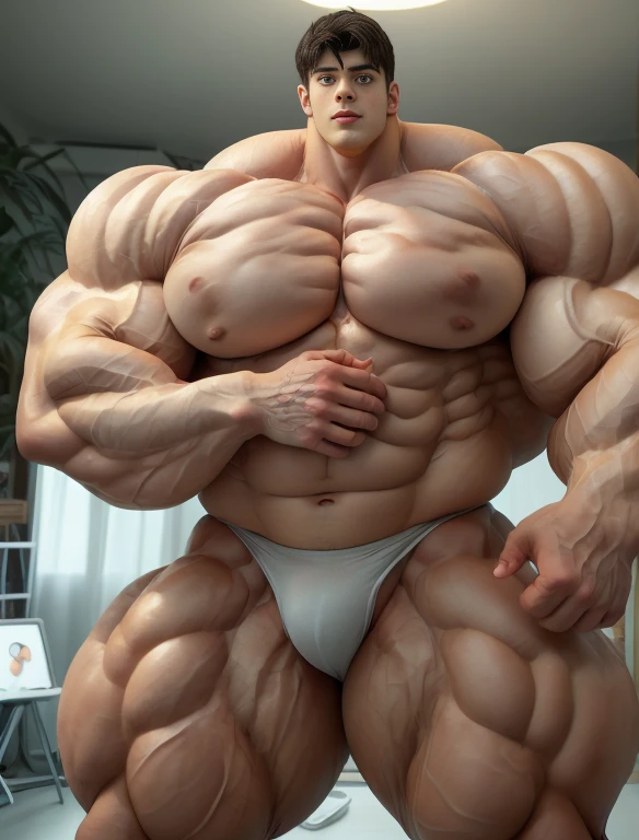 1 man, leo_this_guy, giant, giant bodybuilder, stand, illuminating light, strong body, bulk, large size, staring, in the white photo studio room, nude, white triangular underwear, prominent bulge, extraordinary big, brutalmass, giant, muscular body, bulk, buff, massive body, large meaty body size, extremely wide body