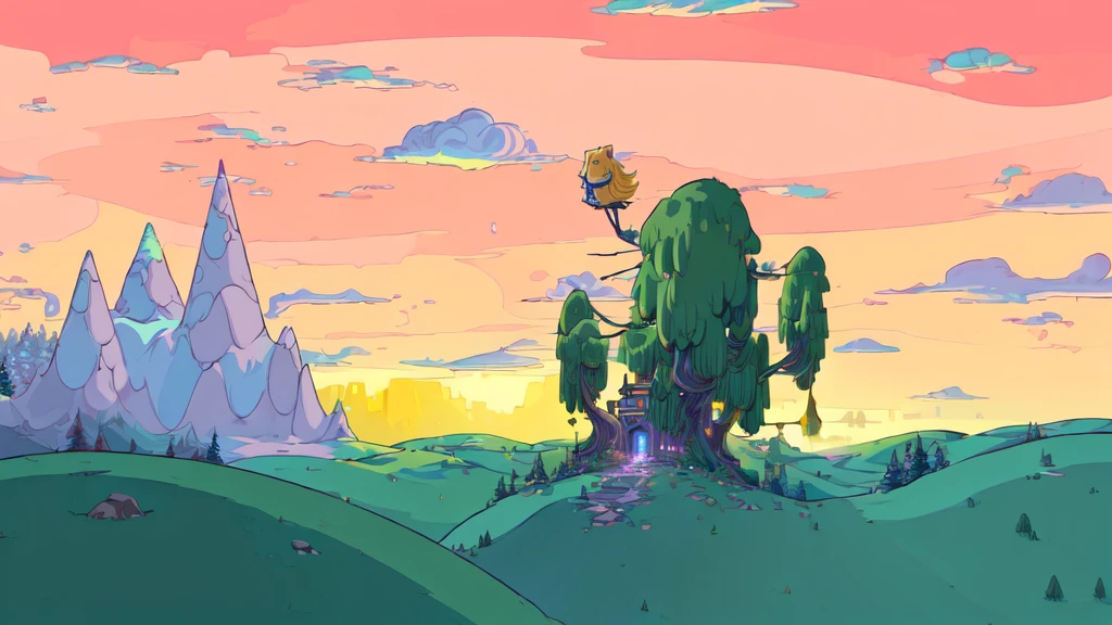 a detailed scenary of adventure time in a lofi art cartoon style at night, detailed character design, (best quality,4k,8k,highres,masterpiece:1.2),ultra-detailed,HDR,UHD,vivid colors,dramatic lighting