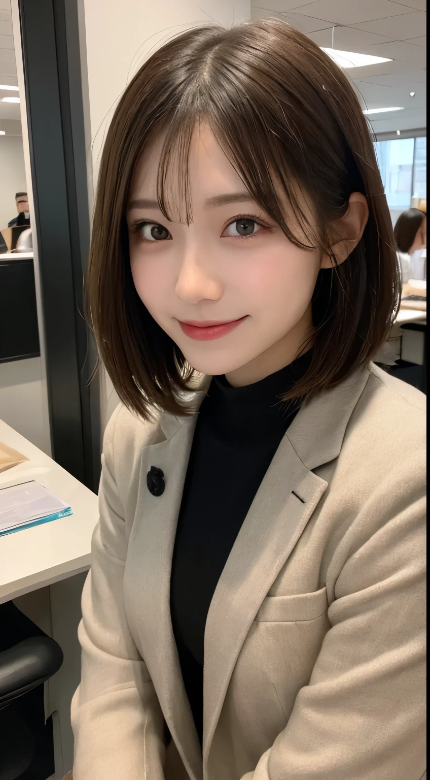 Tabletop, Highest quality, figure, Super detailed, In detail, High resolution, 8k wallpaper, Perfect dynamic composition, Beautiful attention to detail, suit,short hair,Center of chest, Natural color lip, Bold sexy pose,smile,Harajuku、20-year-old girl、beauty department、sexy shot looking at camera、office、officeレディー