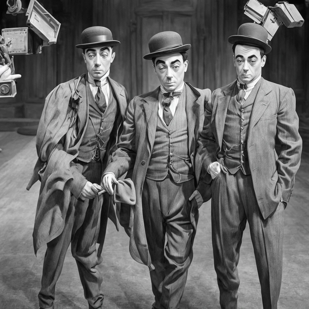 Charlie Chaplin and Buster Keaton in action, 1920s vintage style, detailed facial features, expressive poses, slapstick comedy, dramatic lighting, monochrome, high contrast, masterpiece, ultra-detailed, (realistic, photorealistic, photo-realistic:1.37), HDR, UHD, studio lighting, extreme detail description, professional, vivid details, bokeh