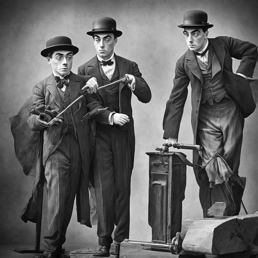 Charlie Chaplin and Buster Keaton in action, 1920s vintage style, detailed facial features, expressive poses, slapstick comedy, dramatic lighting, monochrome, high contrast, masterpiece, ultra-detailed, (realistic, photorealistic, photo-realistic:1.37), HDR, UHD, studio lighting, extreme detail description, professional, vivid details, bokeh