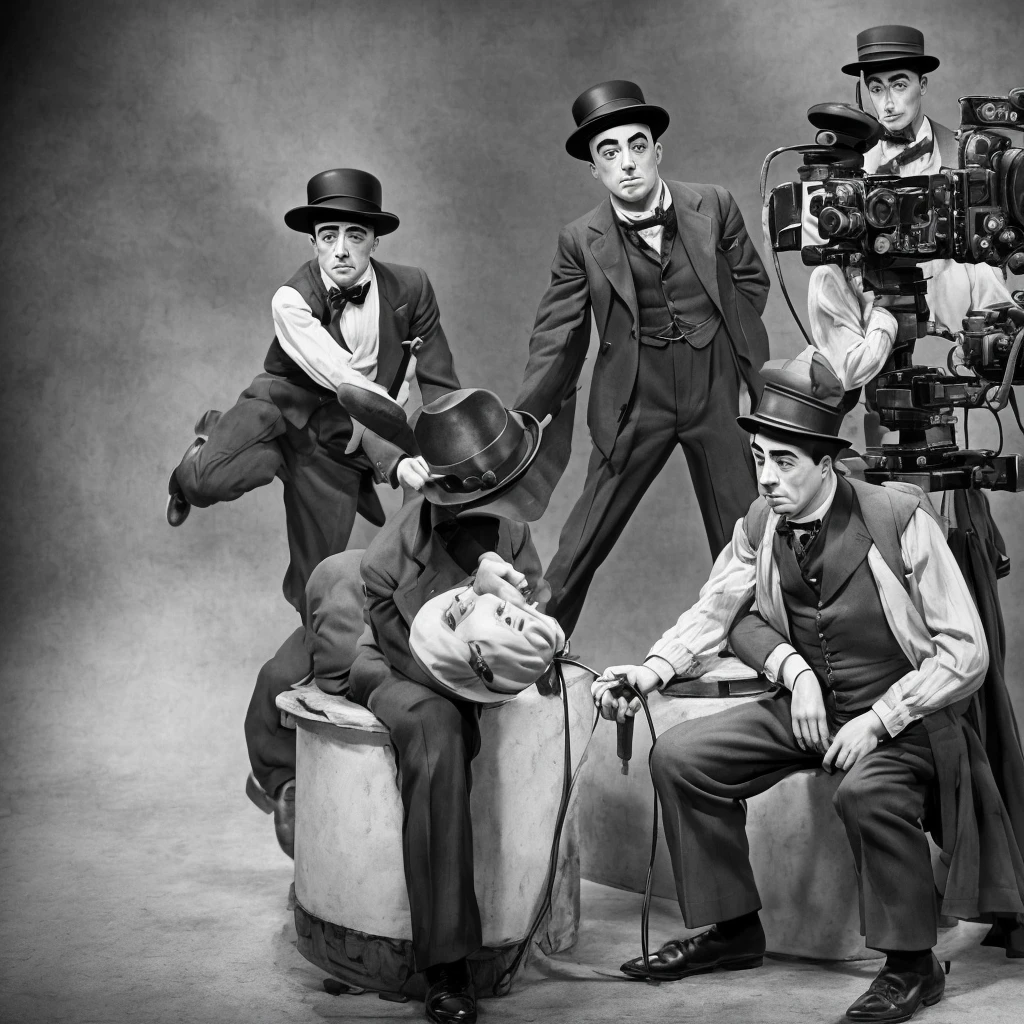 Charlie Chaplin and Buster Keaton in action, 1920s vintage style, detailed facial features, expressive poses, slapstick comedy, dramatic lighting, monochrome, high contrast, masterpiece, ultra-detailed, (realistic, photorealistic, photo-realistic:1.37), HDR, UHD, studio lighting, extreme detail description, professional, vivid details, bokeh