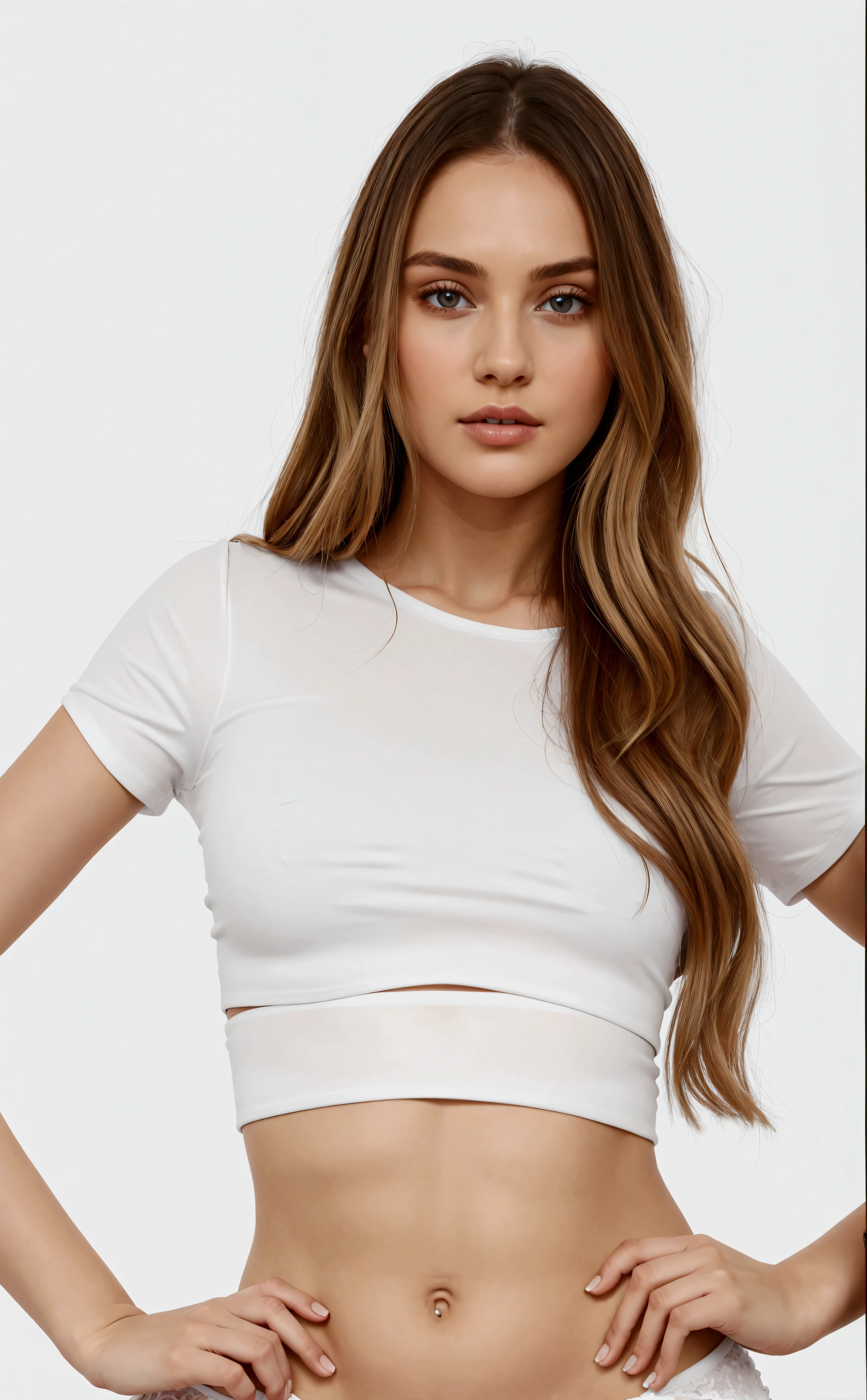 a woman in a white top cut and white panties posing for a picture, White top, top cut, tight shirt, wearing a cropped tops, wearing a sexy crop top, wearing a cropped top, top cut, vestido com uma White T-shirt, plain and tight white suit, wearing top cut, White T-shirt, wearing tight shirt, with torn t-shirt