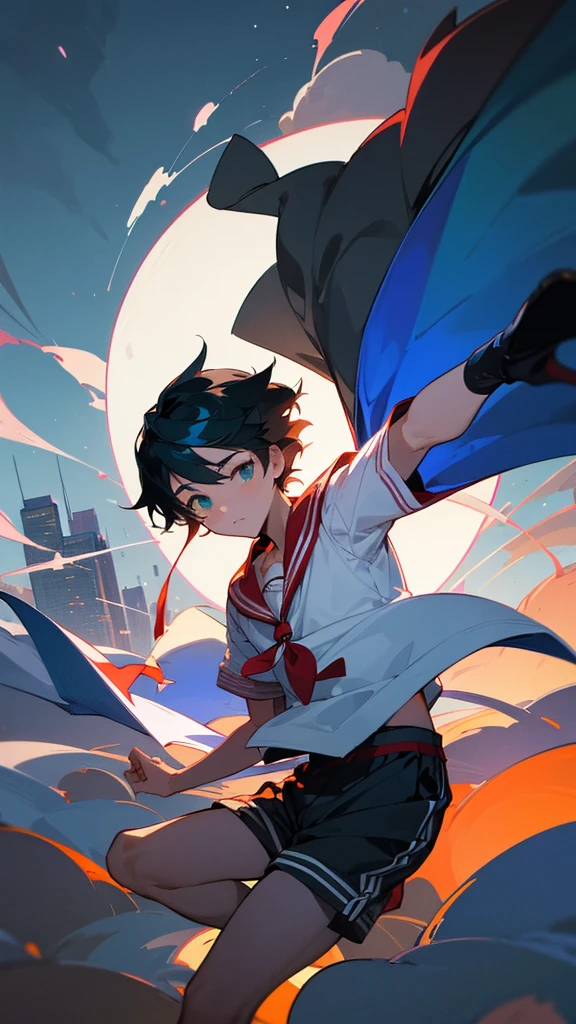 The image is a detailed, high-resolution work of art that depicts a downtown night scene with a Japanese vibe.. En el centro de la imagen, there is a boy with short black hair, with a blue ribbon and a pretty hair clip. He has green eyes and is wearing a ., including a white short-sleeved shirt, a red sailor necklace and blue pleated shorts. The boy appears to be floating above the city, illuminated by a dynamic, soft light from the full moon in the sky. City lights and dark skies create a vibrant and captivating contrast.