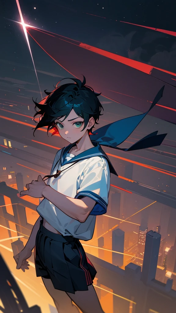 The image is a detailed, high-resolution work of art that depicts a downtown night scene with a Japanese vibe.. En el centro de la imagen, there is a boy with short black hair, with a blue ribbon and a pretty hair clip. He has green eyes and is wearing a ., including a white short-sleeved shirt, a red sailor necklace and blue pleated shorts. The boy appears to be floating above the city, illuminated by a dynamic, soft light from the full moon in the sky. City lights and dark skies create a vibrant and captivating contrast.