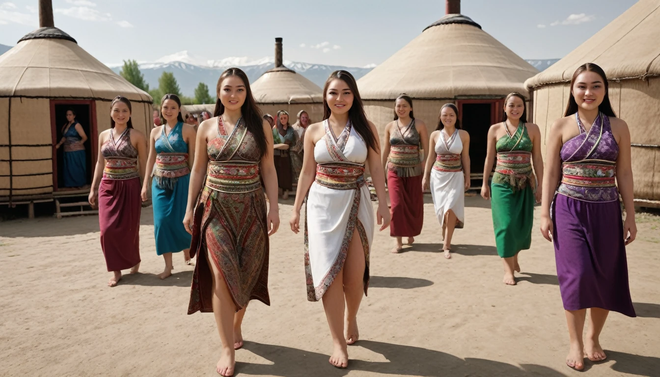 8k, top quality, finish: 1.2), (realistic, photo-realistic: 1.37), highly detailed, (1000 girls), This realistic image shows a large group of khazakstan women wearing bikinis and tight khazakstan traditional specialty clothes, walking among khazakstan yurt houses. The women in this image are white and appear to have different ages and short body shapes. The atmosphere of this image looks like a parade or a special event involving many female participants. , breasts, beautiful eye details, (traditional dress: 1.1), ((sexy)), curvy body, (full body), standing, sexy,