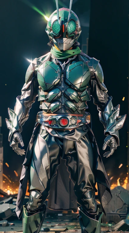 (kamen rider, shinkr), (close up punch to viewer), full body detailed, detailed hands, good fingers, good hands, good legs, scarf, low hood, ruins, floating, explosion, debris, some fire and glitter background, ((green glowing core in armor, silver glowing core in armor)), ultra hd, ultra realistic texture, (flare lens:1.2), (long shot:0.9)