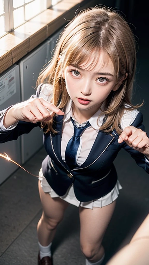 1 girl, large body, High school student, suit, dark blue suit jacket, White shirt, (red tie with bow), grey pleated skirt, Miniskirt, Bare legs, White socks, Brown shoes, light grey hair, hazel eyes, medium length hair, bangs, Ahoge, lovely, detailled eyes, lovelys, detailed face, cute face, medium breasts, perfect hands, complete fingers, perfect anatomy, proporções perfeitas, Age 18, alone, alone focus, Stand, raised arms, demure, open mouth, Viewers look at, space background, floating, Body penetrated with electricity, Ahoge, (((from above))),